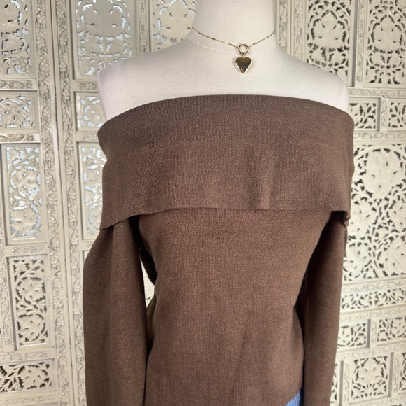 NWT Loft Chocolate Brown Ribbed Stretchy Off The Shoulder Sweater Boho Sz XL - Picture 2 of 5